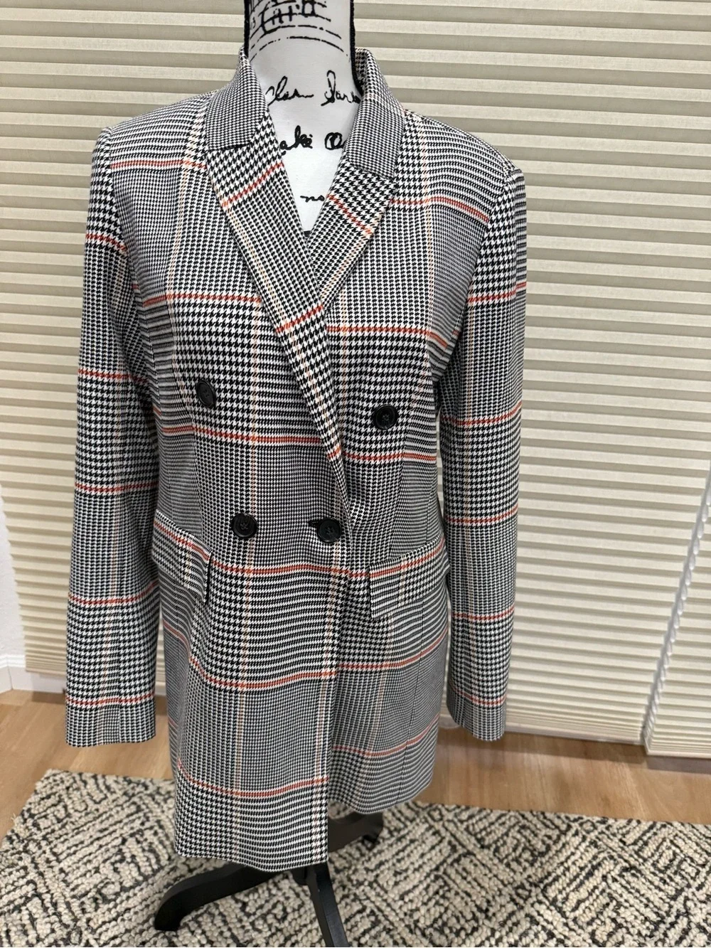 Halogen Black & Gray Plaid Double-Breasted Blazer with Brown Accent